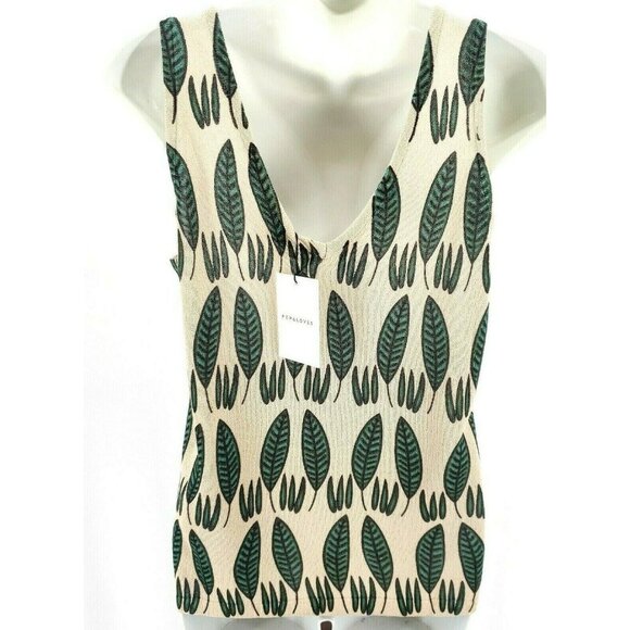 PEPALOVES NWT Leaves Print Knit Tank Top V-Neck Sleeveless Blouse LARGE - Picture 2 of 5
